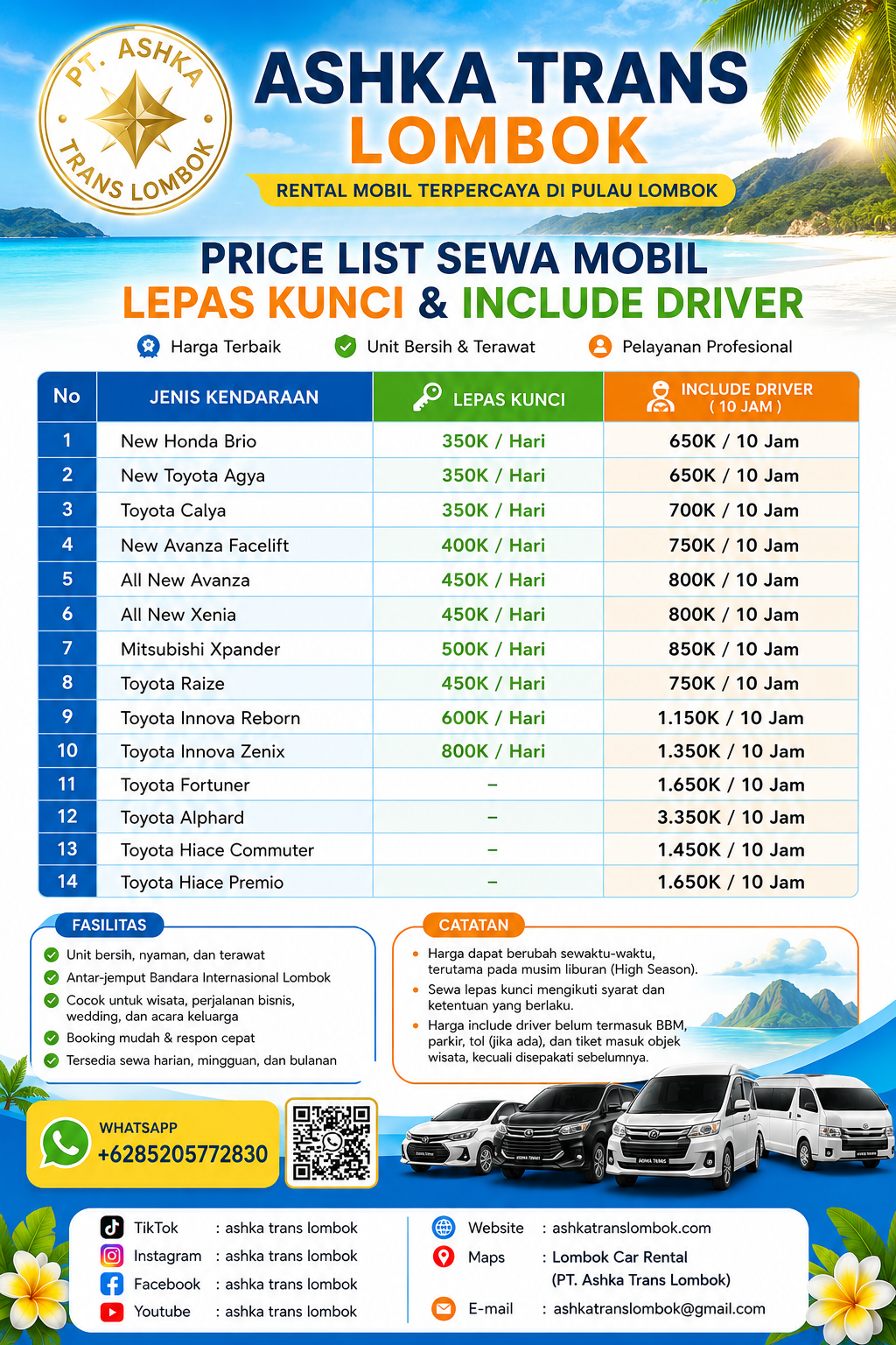 Daftar Harga Sewa Mobil Lombok Terbaru – Lepas Kunci dan Include Driver | Ashka Trans Lombok