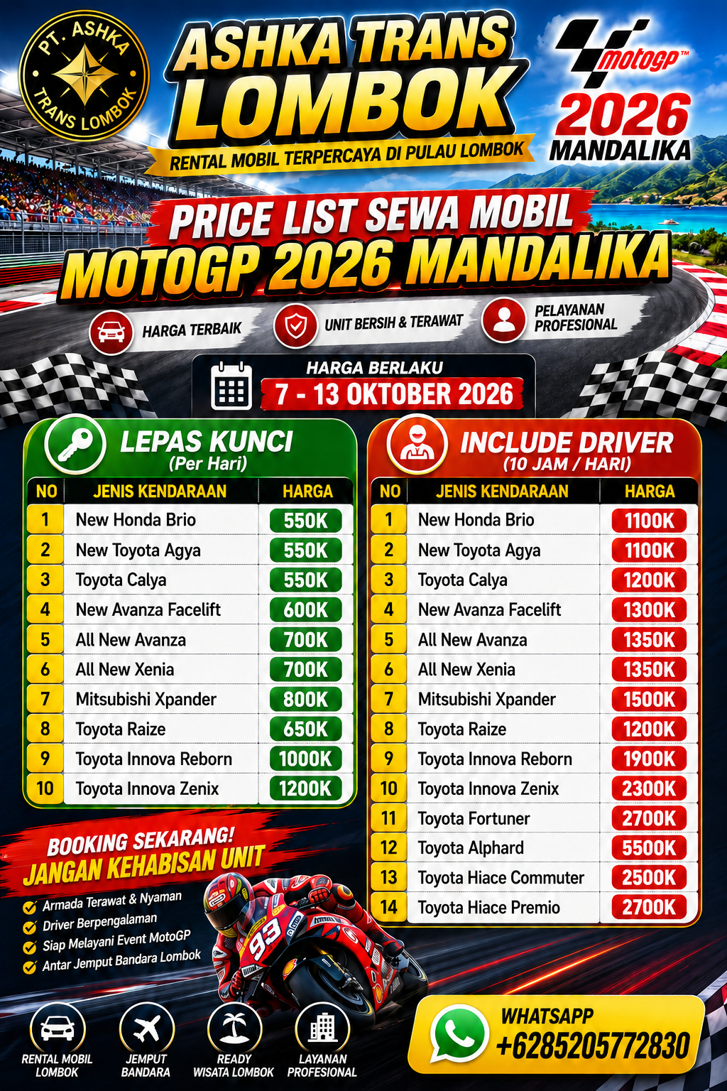 Promo Rental Mobil MotoGP Mandalika Oktober 2026 – Ashka Trans Lombok